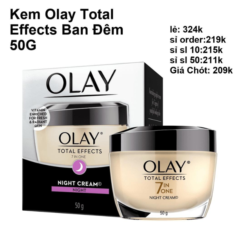 Hộp và hũ Olay Total Effects Night Cream 50 g đặt cạnh nhau