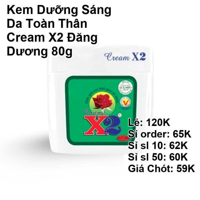 Mặt trước sản phẩm nổi bật chữ Cream X2 trên nền nhãn xanh