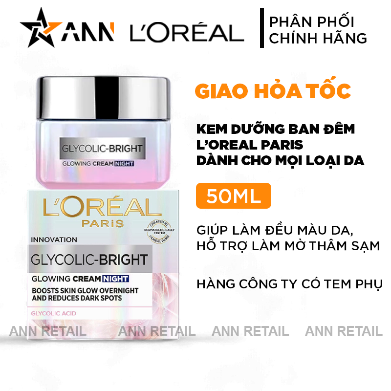 Ảnh thể hiện bản kem dưỡng ban đêm 50ml và thông tin hàng có tem phụ.