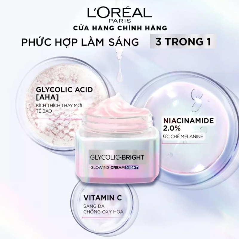 Hình nhấn mạnh phức hợp 3 trong 1 với Glycolic Acid, Niacinamide 2.0% và Vitamin C.