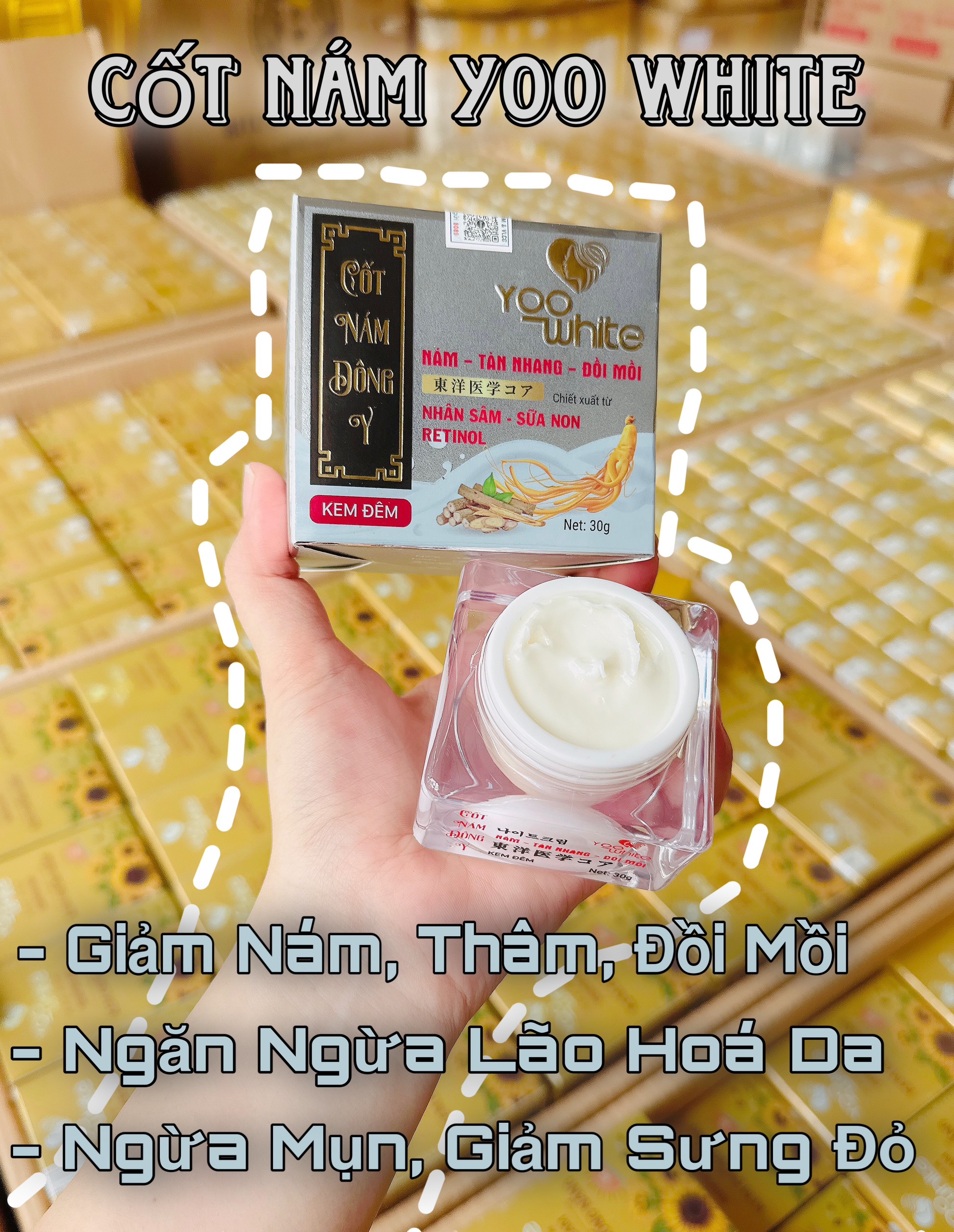 Hộp và hũ kem cốt nám đông y Yoo White (kem đêm) 30g