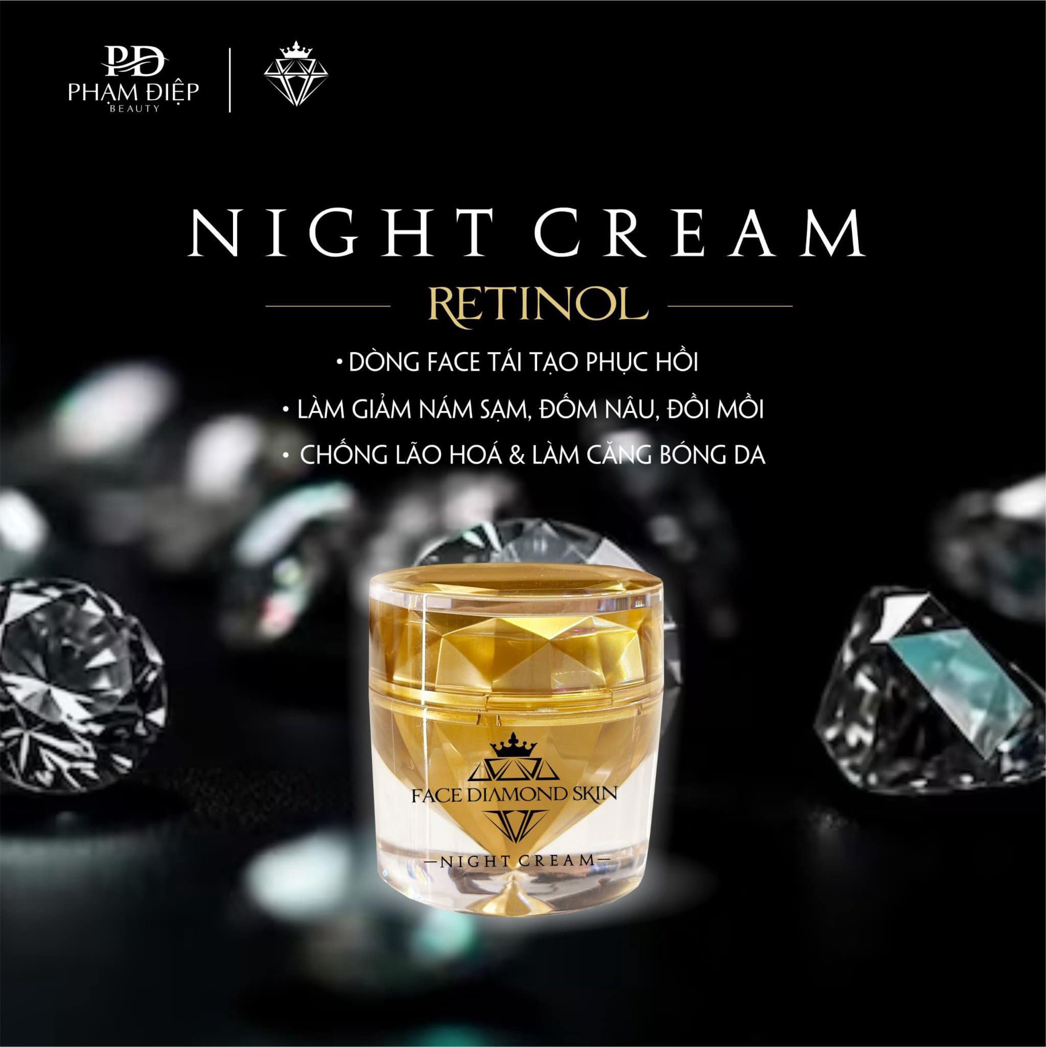 Thiết kế hũ kem Diamond Skin Retinol phiên bản night cream tông vàng sang trọng