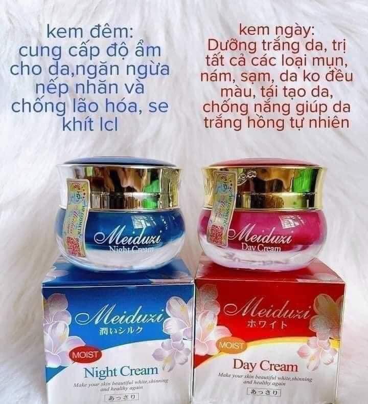 Hình phân biệt kem ngày Meiduzi đỏ và kem đêm Meiduzi xanh