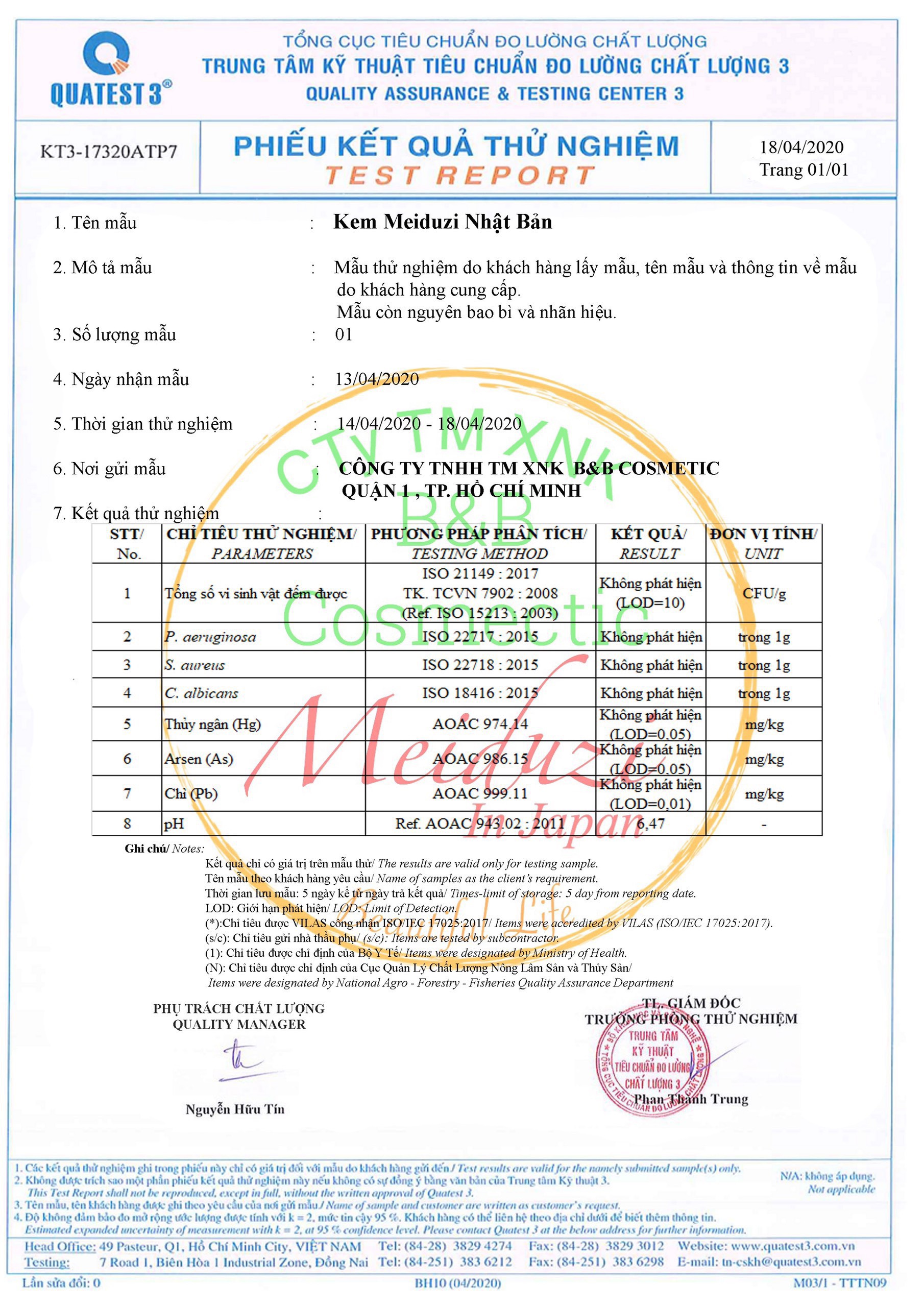 Phiếu kết quả thử nghiệm của mẫu kem Meiduzi