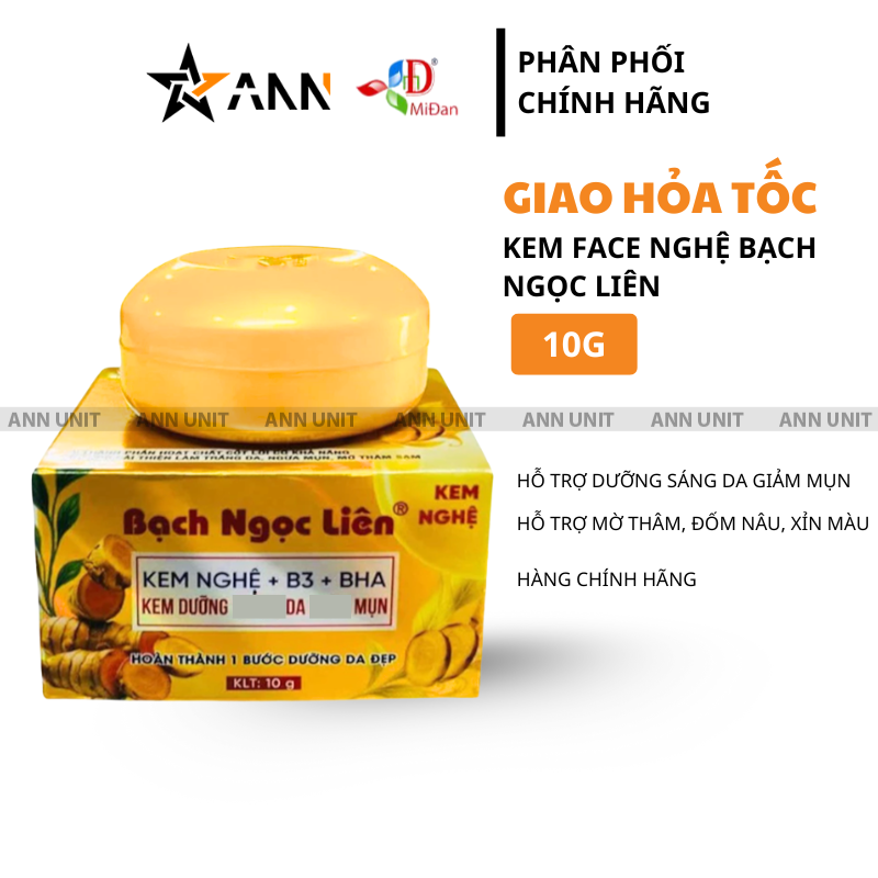 Hũ kem vàng đặt trên hộp, nổi rõ dòng Kem Nghệ + B3 + BHA 10 g