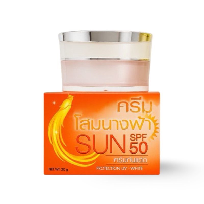 Bao bì cam nổi bật với chữ SUN SPF 50 và hũ kem nhỏ 20g