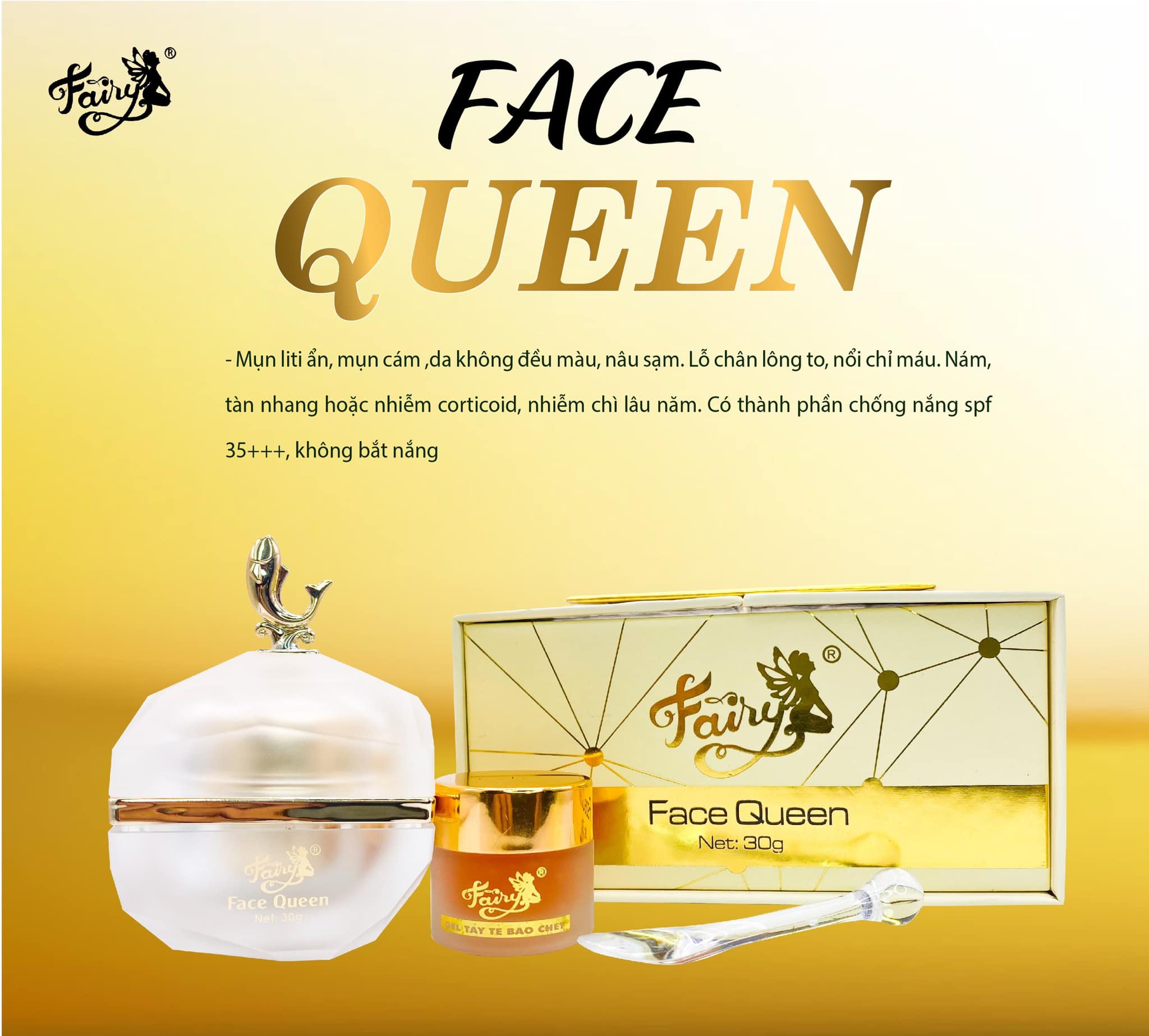 Bộ sản phẩm gồm hũ kem, gel tẩy tế bào chết và muỗng lấy kem