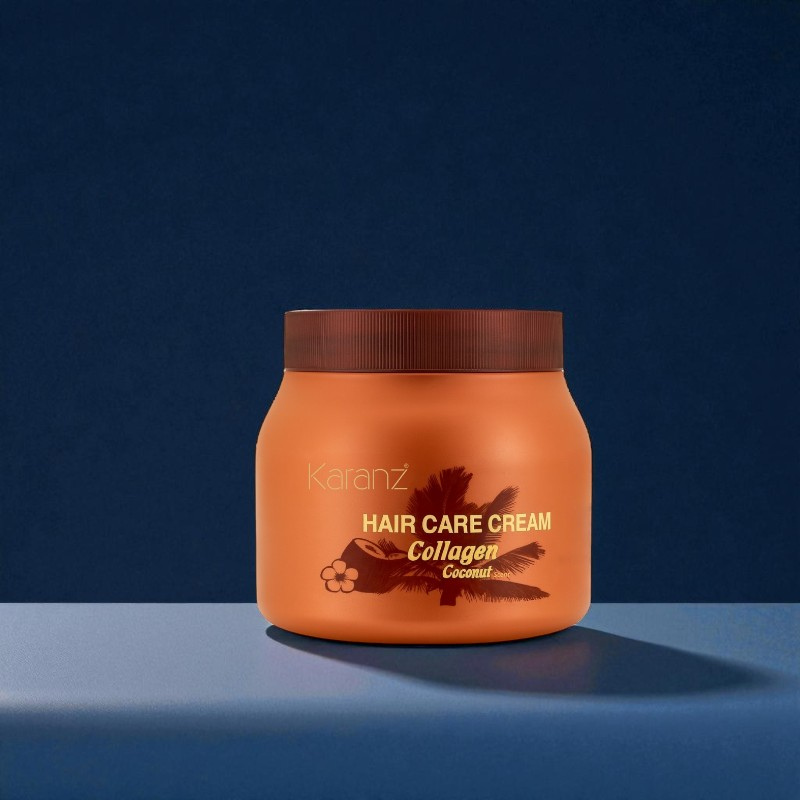 Hũ màu nâu cam với dòng chữ Hair Care Cream Collagen Coconut rõ mặt trước