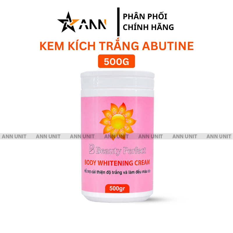 Mặt trước bao bì với tên dòng Body Whitening Cream và khối lượng 500g