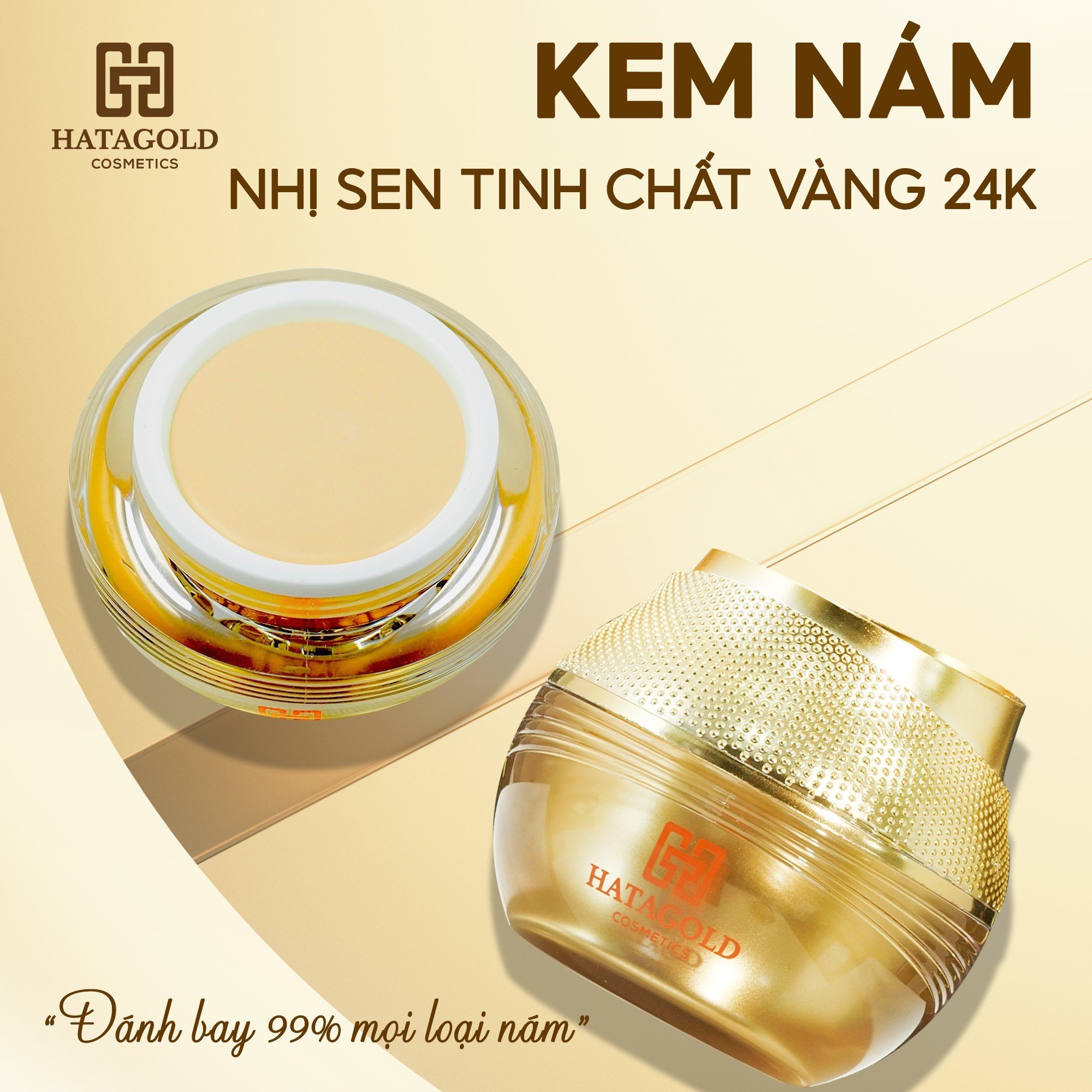 Thiết kế hũ kem tông vàng và tên dòng nhị sen tinh chất vàng 24K