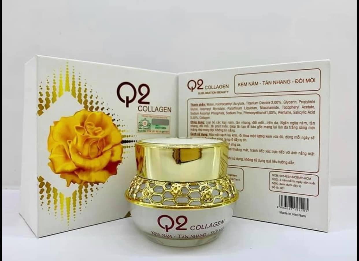 Hộp và hũ kem Q2 Collagen kèm thông tin nhận diện sản phẩm