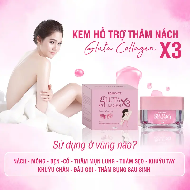 Hộp và hũ kem màu hồng, kèm minh họa các vùng da có thể sử dụng