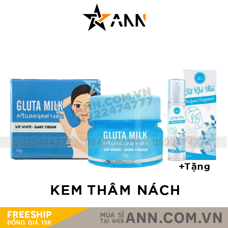 Kem thâm nách Gluta Milk Vip White 15g tặng xịt khử mùi 10ml