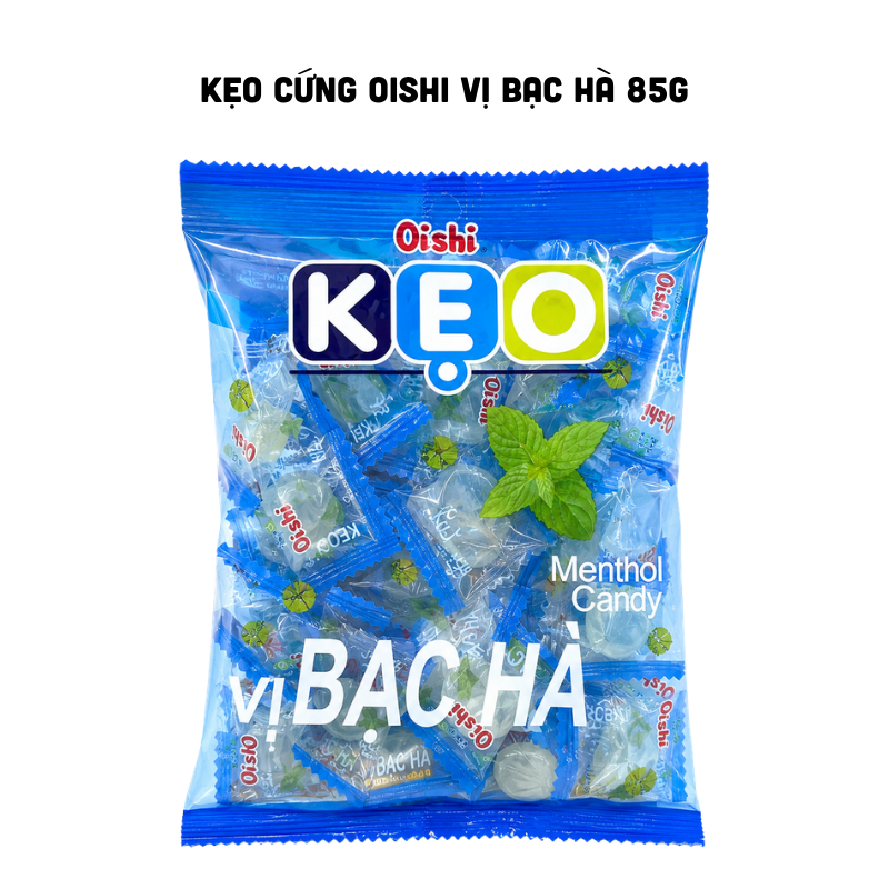 Mặt trước bao bì với tông xanh dương đặc trưng vị bạc hà
