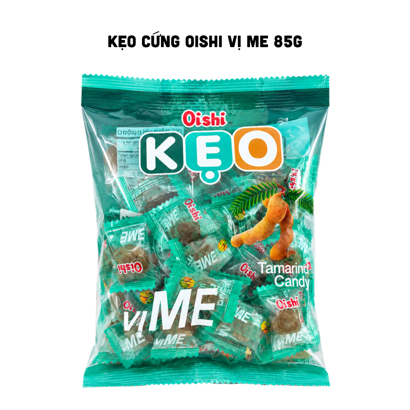 Mặt trước bao bì với thiết kế màu xanh rêu và hình viên kẹo gói riêng