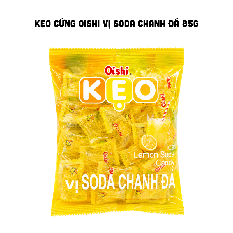 Bao bì mặt trước với tông vàng nổi bật và hình minh họa vị soda chanh đá