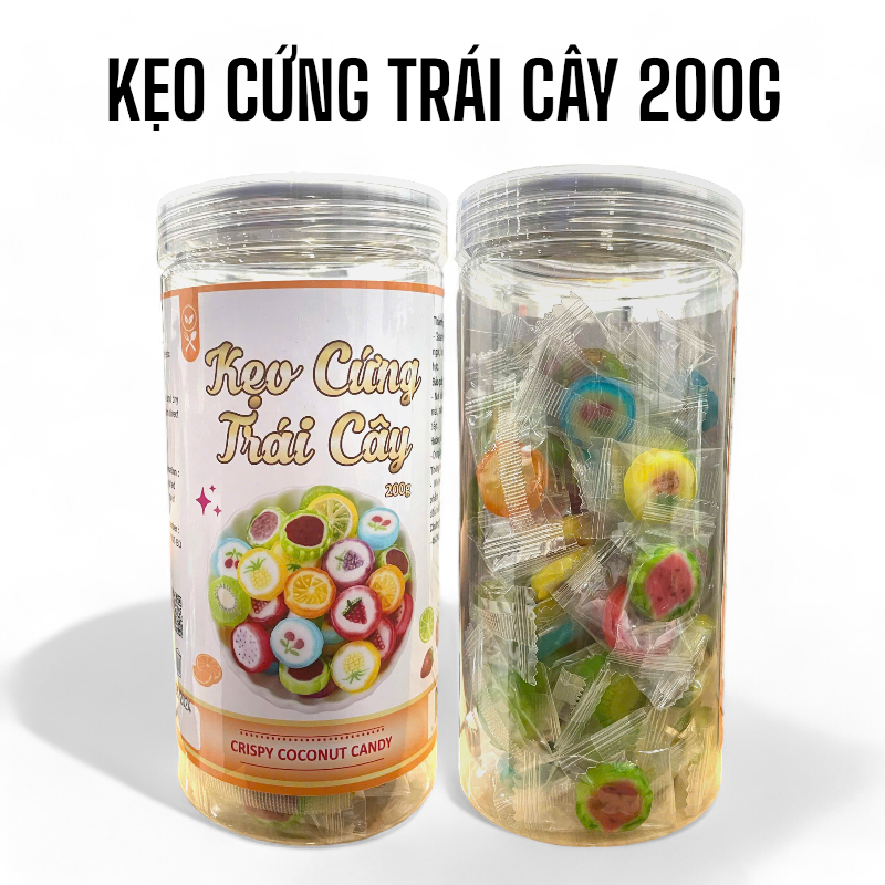 Hộp kẹo cứng 200g, nhãn sản phẩm và kẹo gói lẻ bên trong