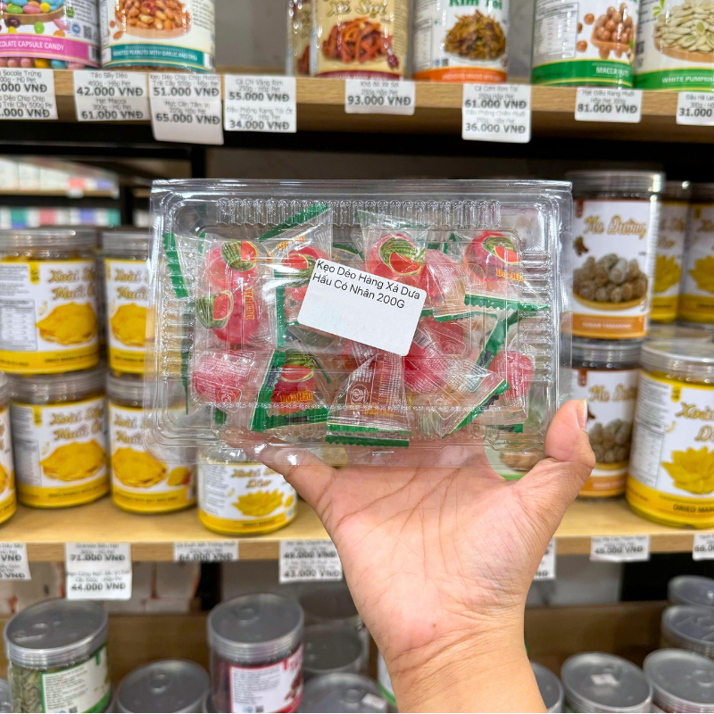 Hộp nhựa trong 200g, kẹo gói lẻ bên trong