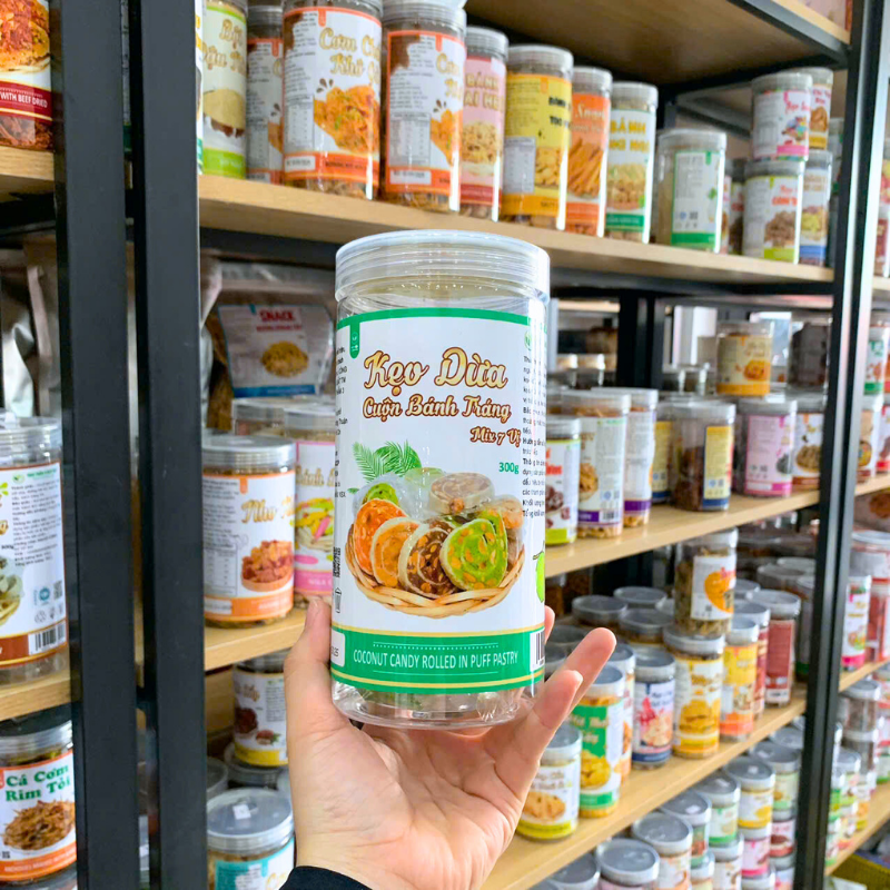 Kẹo Dừa Nướng Cuộn Bánh Tráng Mix 7 Vị 300g Hộp Pet