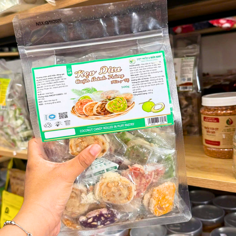 Kẹo Dừa Cuộn Bánh Tráng Mix 7 Vị Túi Zip 500g