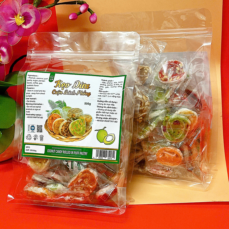 Kẹo Dừa Cuộn Bánh Tráng Mix 7 Vị Túi Zip 500g