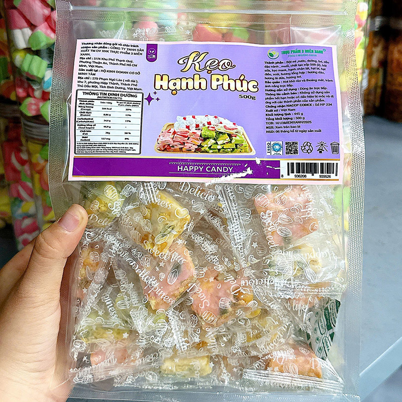 Tổng thể túi zip 500g và kẹo gói riêng bên trong