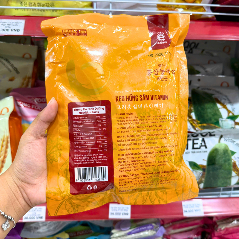 Thông tin thành phần và bảng dinh dưỡng in ở mặt sau