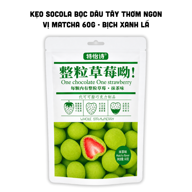 Kẹo socola bọc dâu tây vị matcha 60g - bịch xanh lá