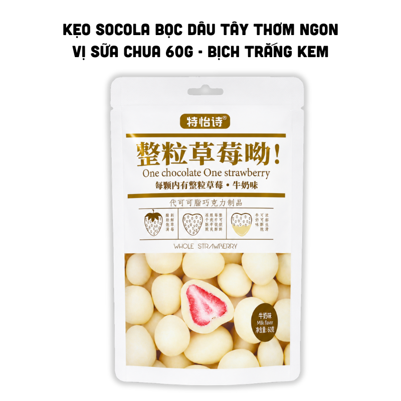 Kẹo Socola Bọc Dâu Tây Vị Sữa Chua 60g - Bịch Trắng Kem