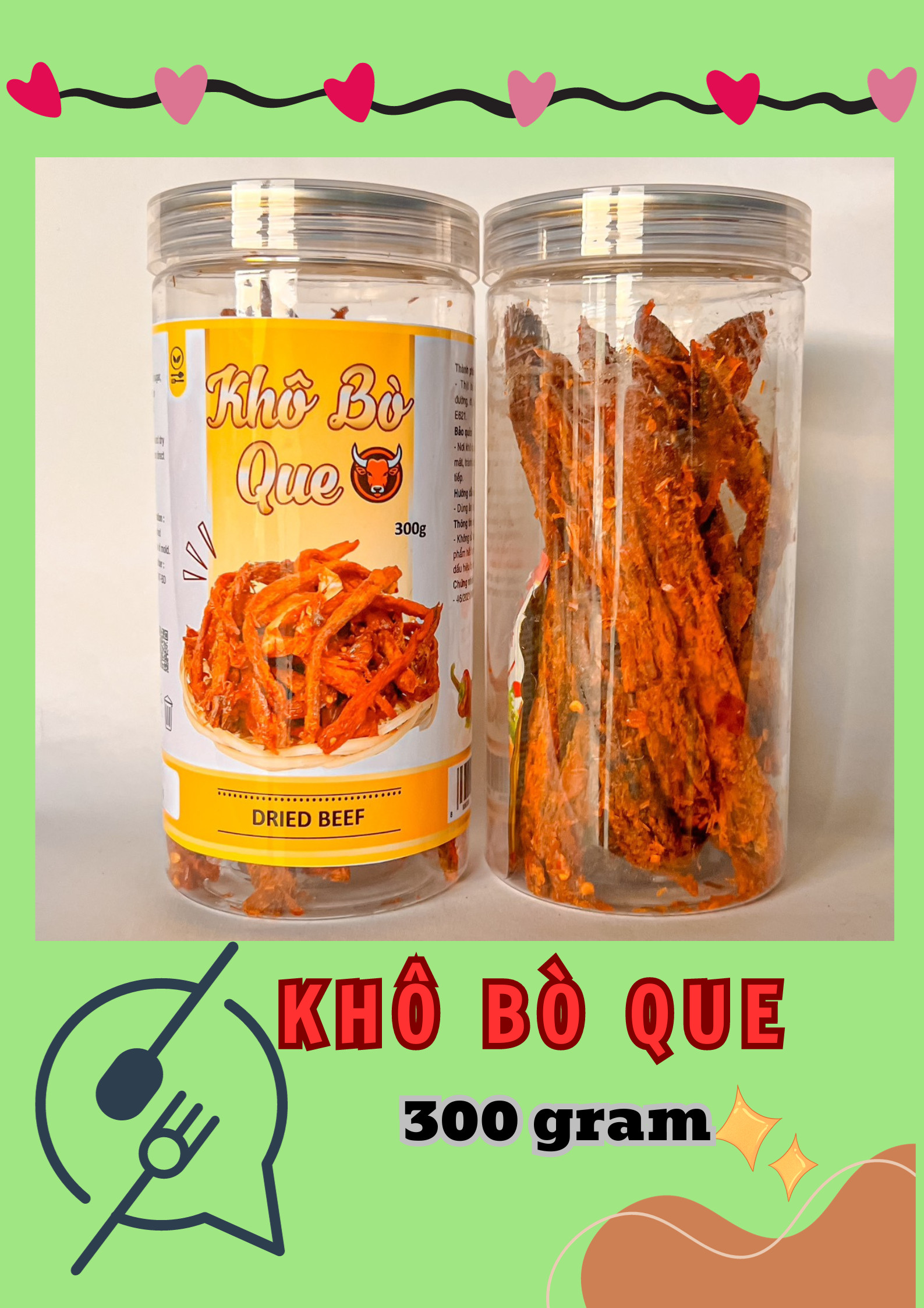 Hộp khô bò que 300g với nhãn dán mặt trước rõ ràng