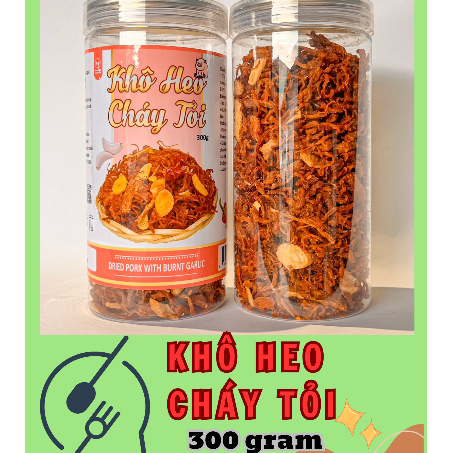 Hình ảnh tổng thể hộp 300g và phần khô heo bên trong