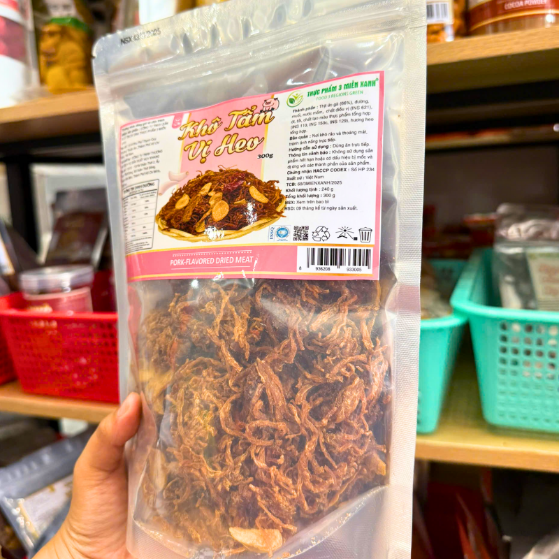 Mặt trước bao bì cho thấy dạng sợi khô bên trong túi