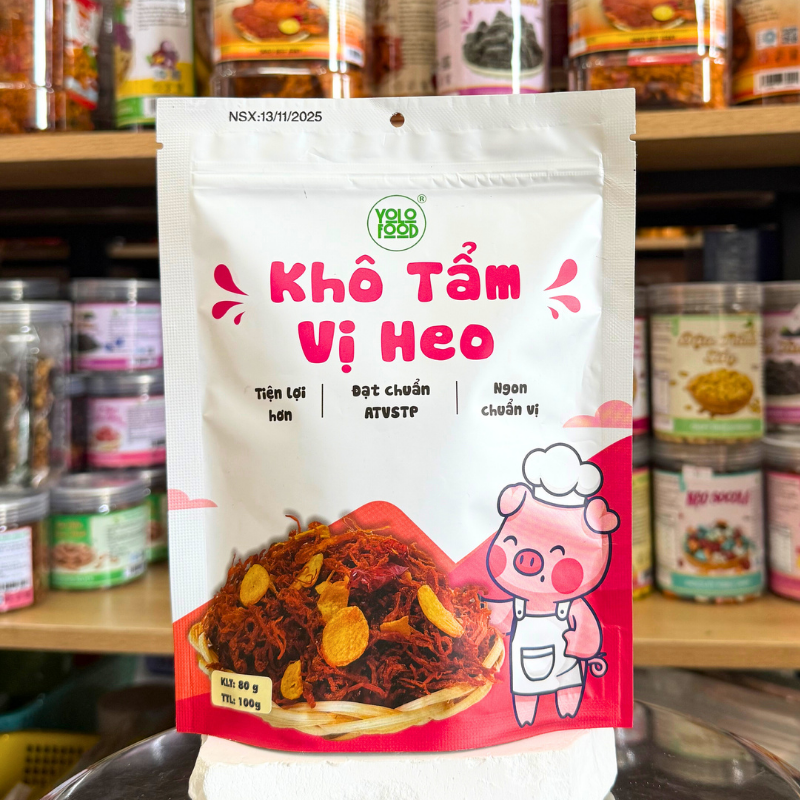 Mặt trước gói khô tẩm vị heo, thiết kế tiện mang theo