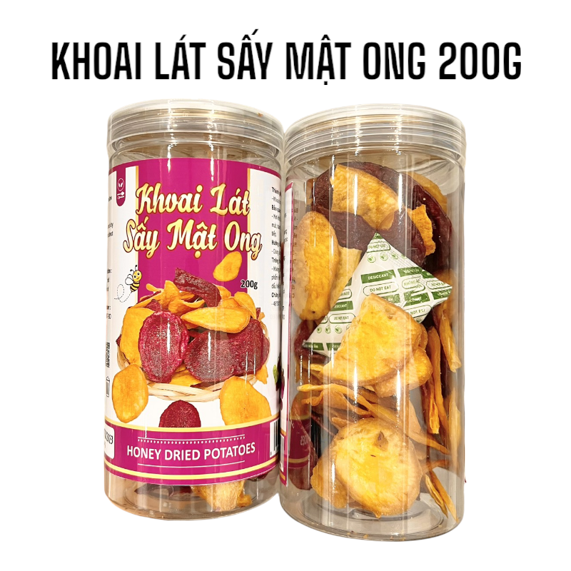 Mặt trước hộp khoai lát sấy mật ong 200g, nhãn sản phẩm rõ ràng