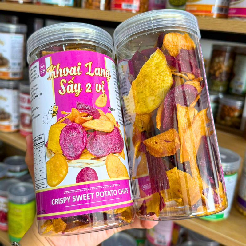 Hình dáng hũ PET và mix lát khoai tím – vàng