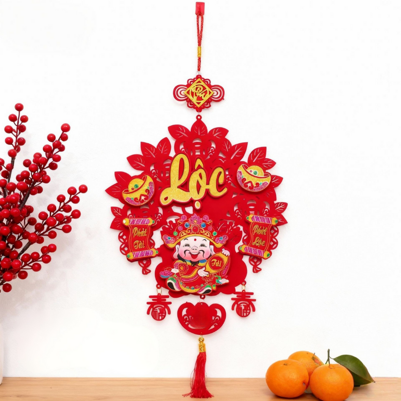 Mẫu liễn chữ Lộc với Thần Tài, thỏi vàng và tua rua đỏ