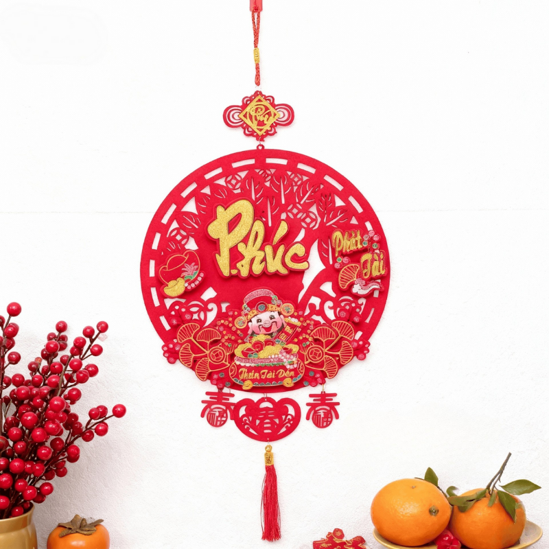 Mẫu liễn tròn chữ Phúc phối chi tiết Thần Tài và phát tài
