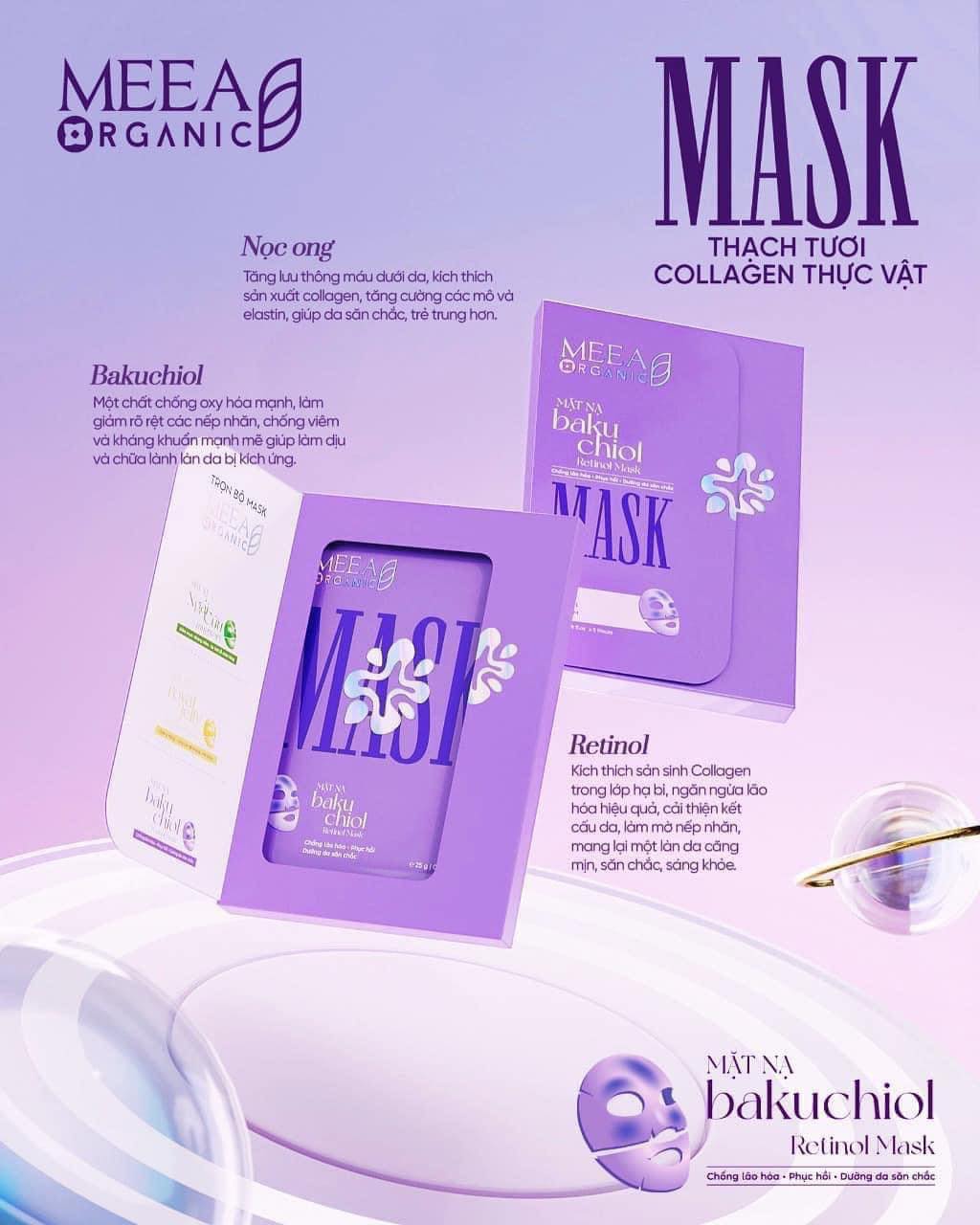 Mặt Nạ Thạch Collagen Meea Organic Màu Tím Bakuchiol Retinol Mask Hộp 5 Miếng