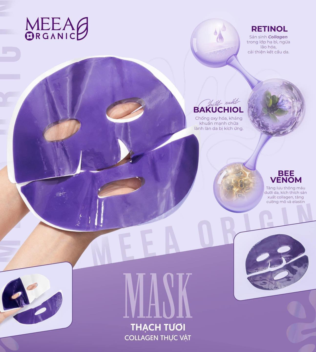 Mặt Nạ Thạch Collagen Meea Organic Màu Tím Bakuchiol Retinol Mask Hộp 5 Miếng