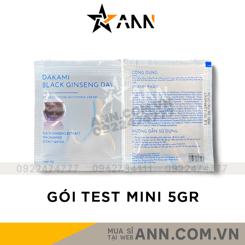 Mặt trước và sau gói, có dòng “GÓI TEST MINI 5GR”.