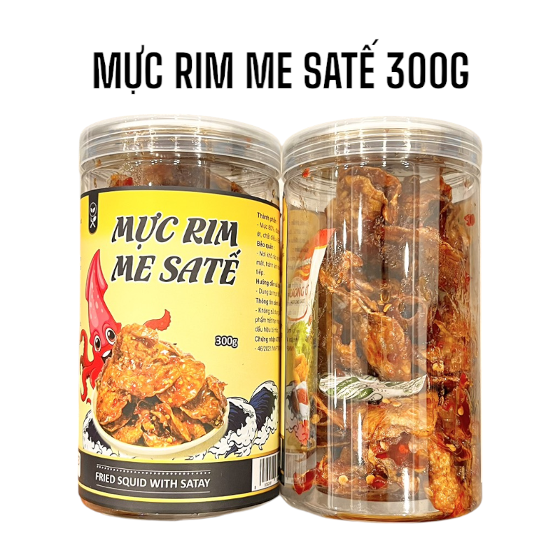 Hộp mực rim me sa tế 300g với nhãn sản phẩm mặt trước