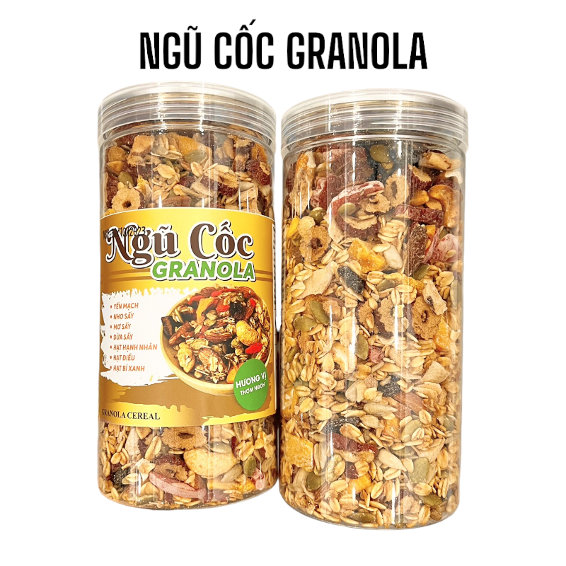 Hũ granola với các thành phần nhìn rõ qua bao bì