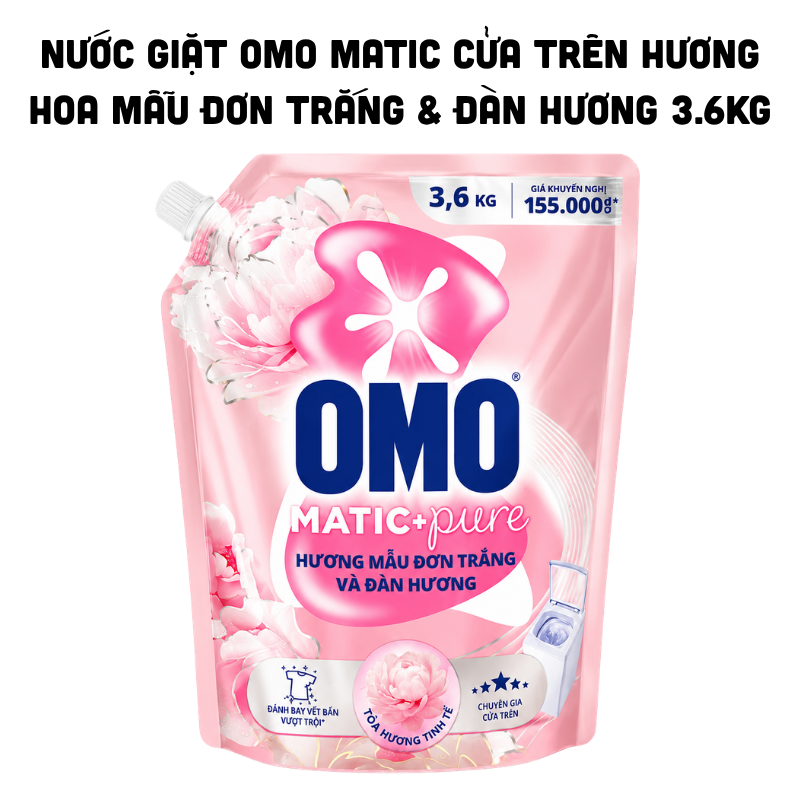 Nước Giặt OMO Matic + Pure Cửa Trên Hương Mẫu Đơn Trắng & Đàn Hương 3.6kg