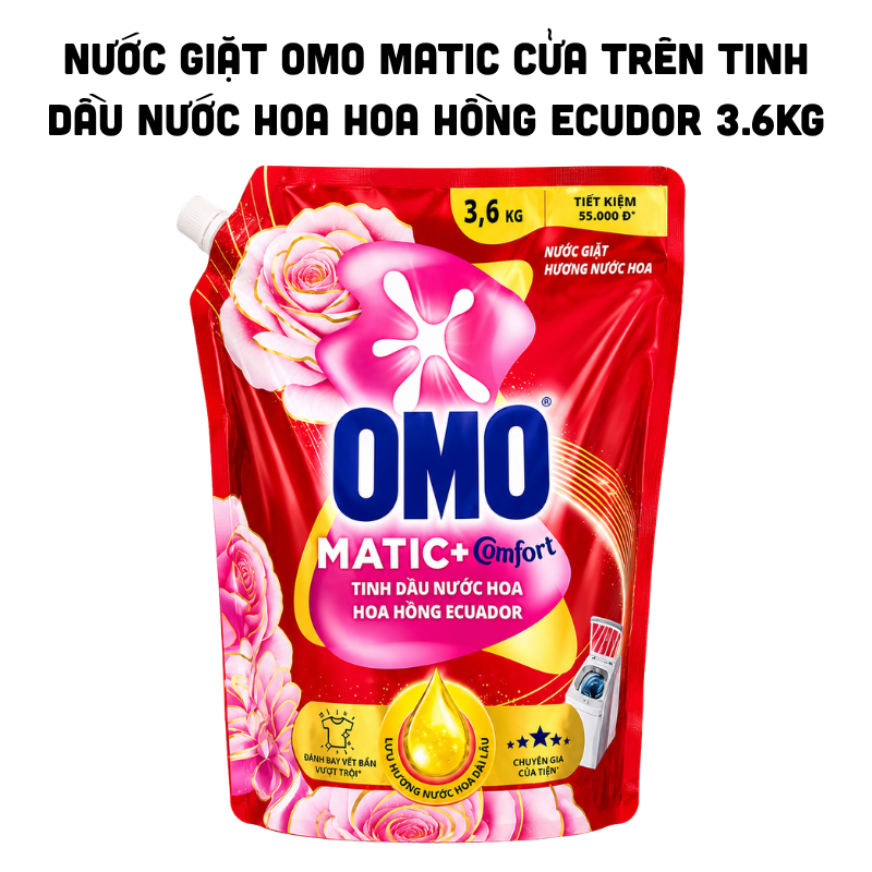 Nước Giặt OMO Matic Cửa Trên Tinh Dầu Nước Hoa Hoa Hồng Ecuador 3.6kg