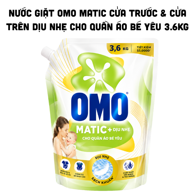 Nước Giặt OMO Matic+ Dịu Nhẹ Cho Quần Áo Bé Yêu 3.6kg