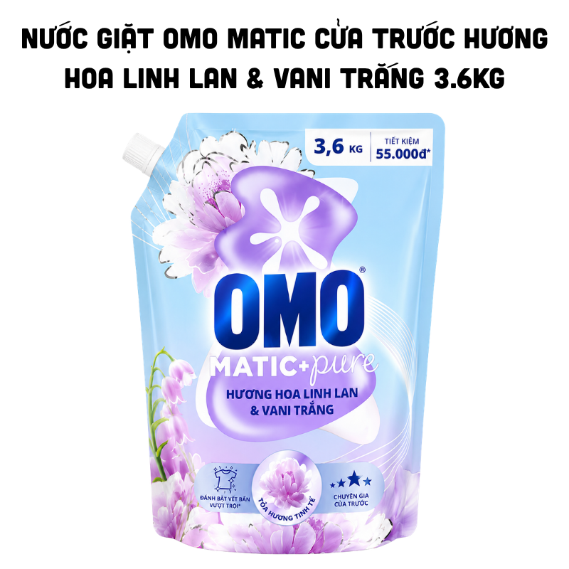 Nước Giặt OMO Matic+ Pure Cửa Trước Hương Hoa Linh Lan & Vani Trắng 3.6kg