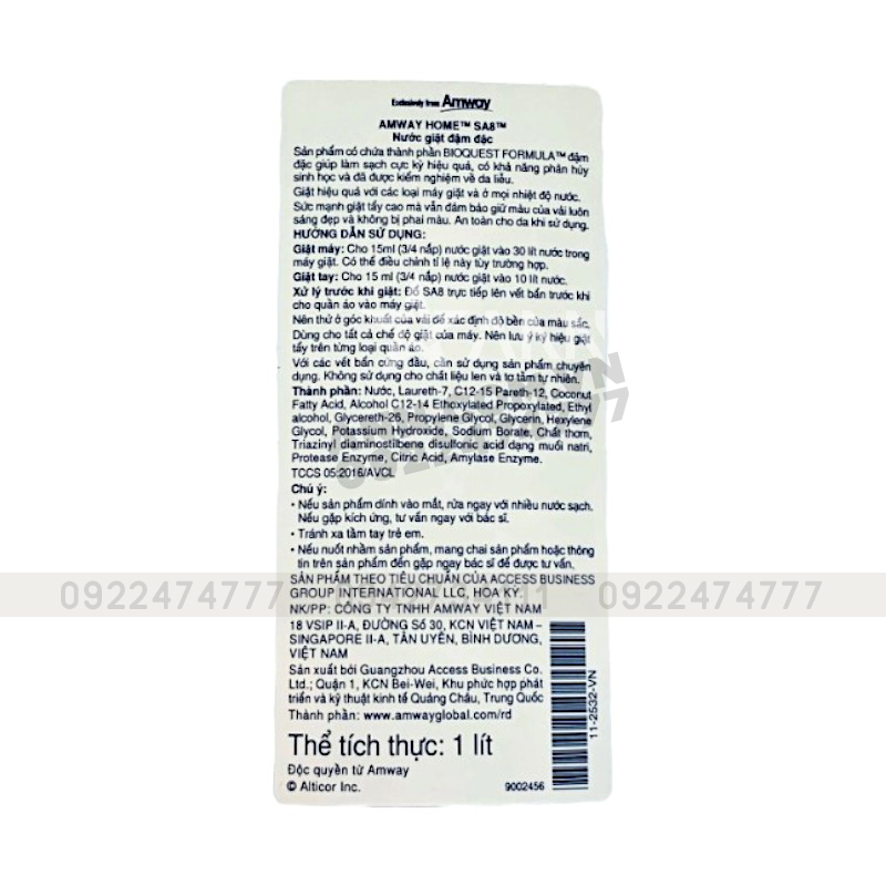 Mặt sau chai với hướng dẫn sử dụng và thành phần