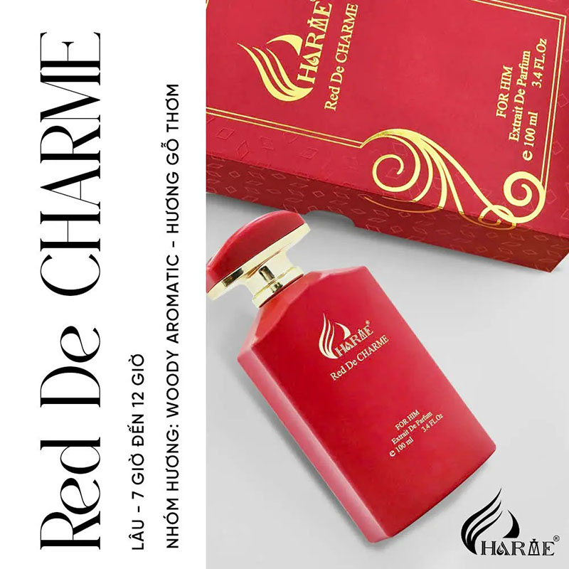 Thiết kế chai và hộp Red De Charme 100ml với thông tin For Him, Extrait De Parfum
