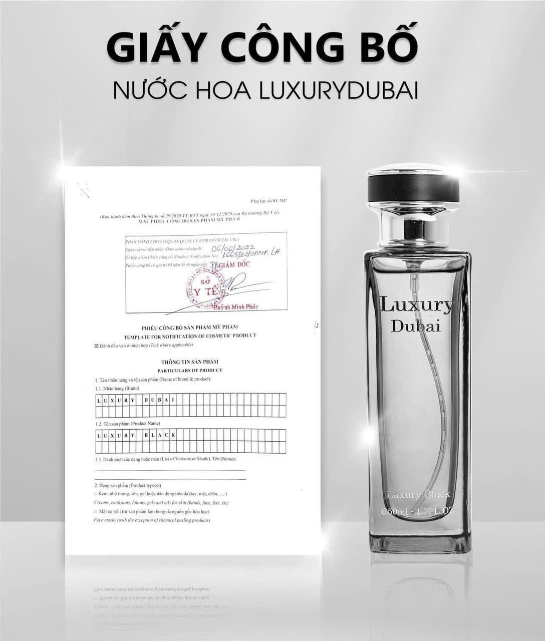 Hình ảnh chai 50ml và giấy công bố của dòng nước hoa Luxury Dubai