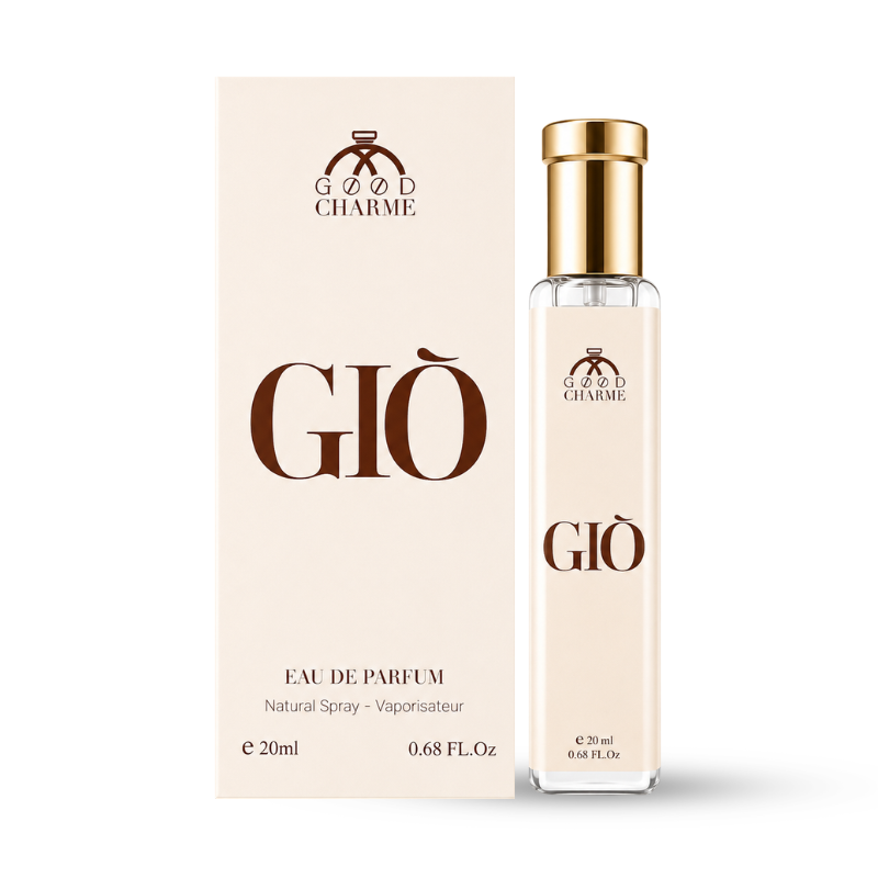 Mặt trước hộp kem nhạt và chai thủy tinh in rõ GIÒ, Eau de Parfum 20ml.